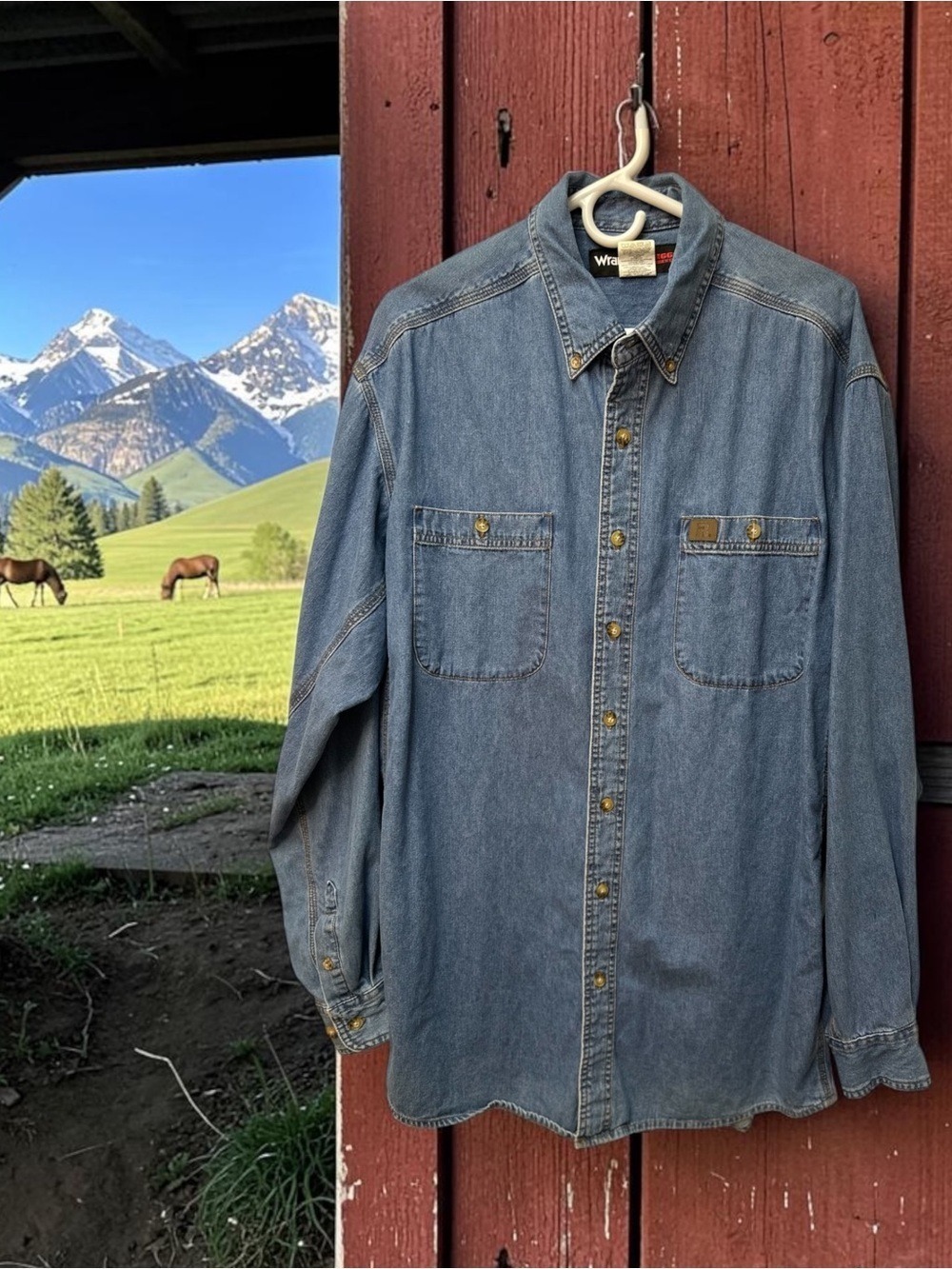 Wrangler Riggs Workwear Durable Denim Shirt Mens XLT Blue Western Cowboy Buttons
